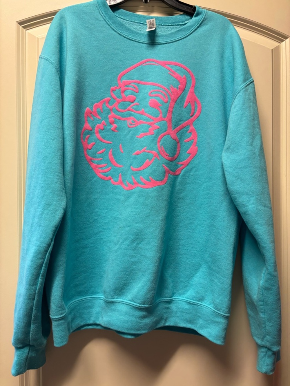 Jerzees Turquoise Crewneck with Pink Santa Graphic size M